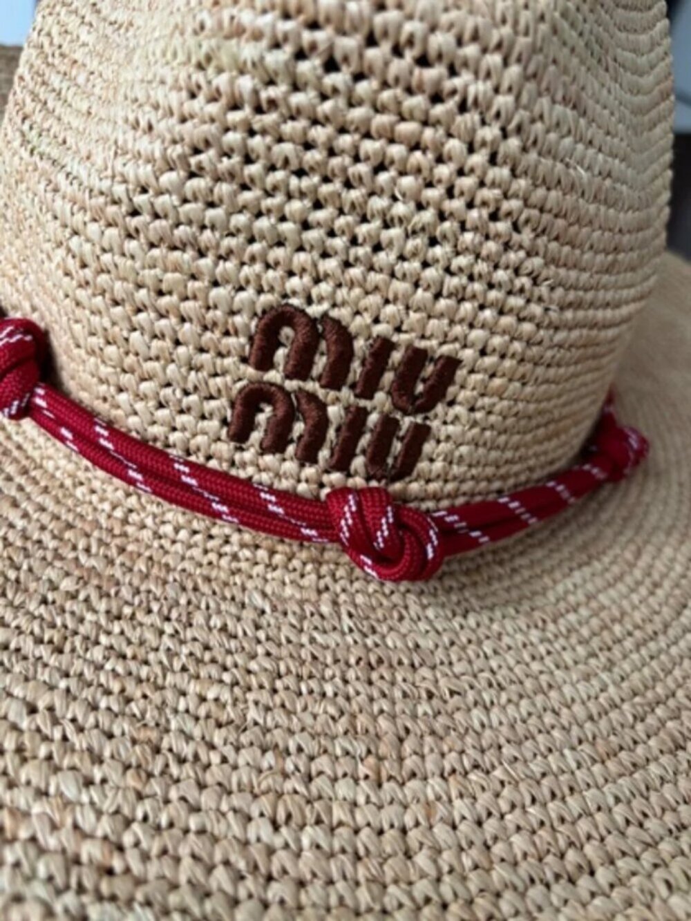 Miu Miu Raffia Straw Cowboy Sun Hat Woven Wide Brim Red Cord Logo - Picture 5 of 8